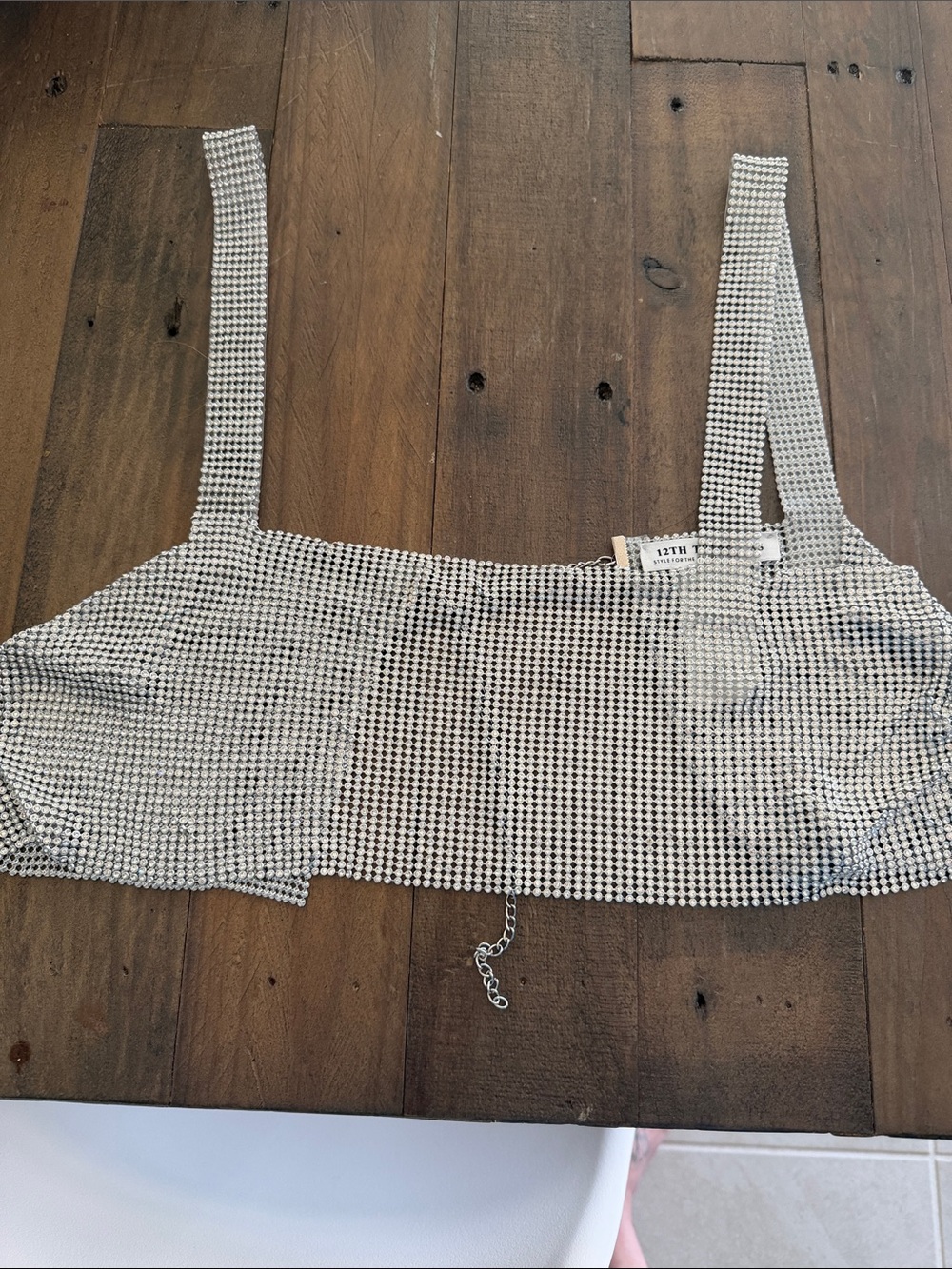 12th Tribe Silver Mesh Rhinestone Crop Tank Top
